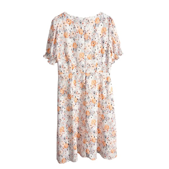 Loft Floral Print Short Sleeve Cinched‎ Waist Midi Dress White 12 Cottagecore - Picture 9 of 11